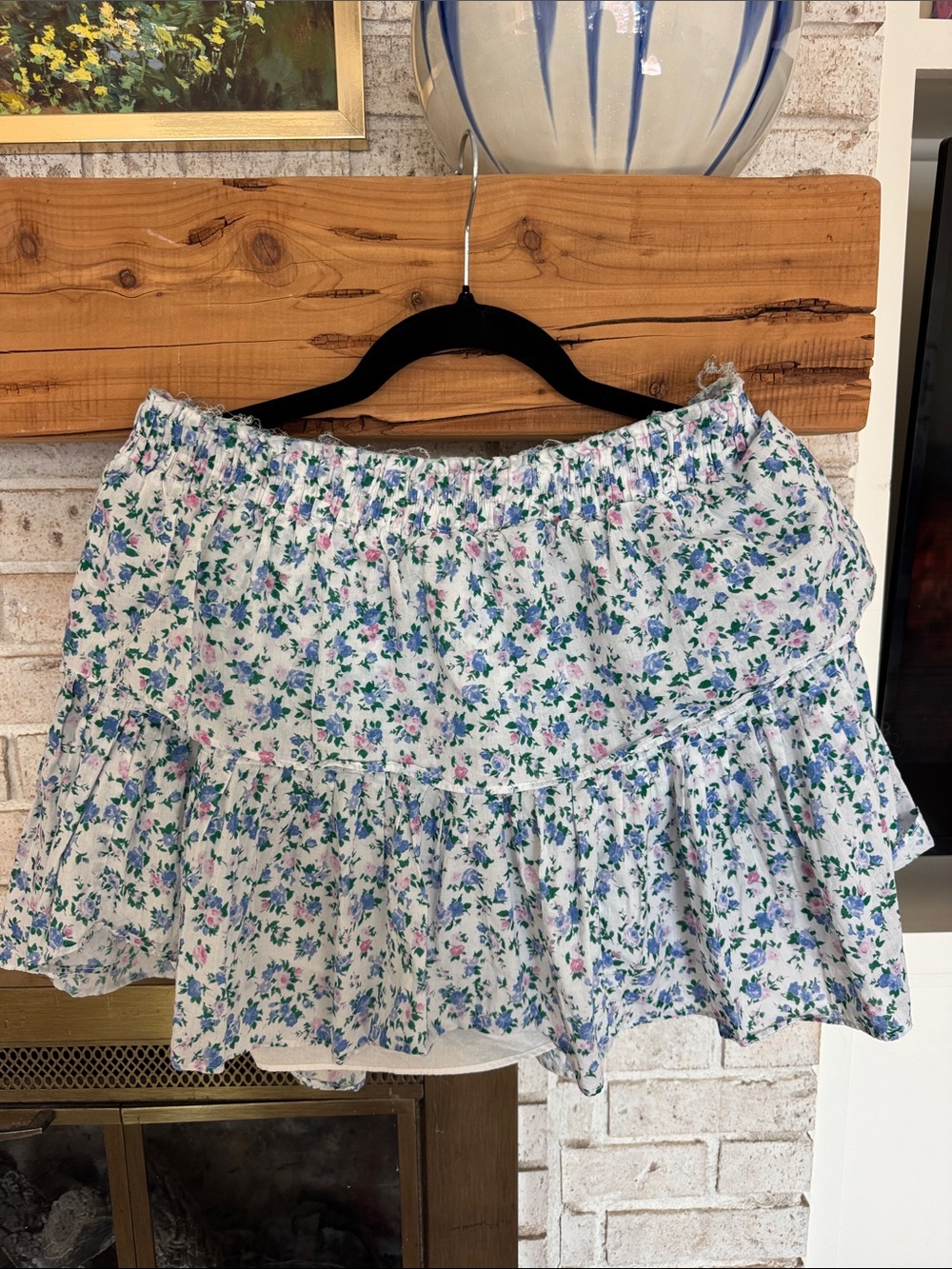 LoveShackFancy White Mini Skirt with Blue & Pink Floral